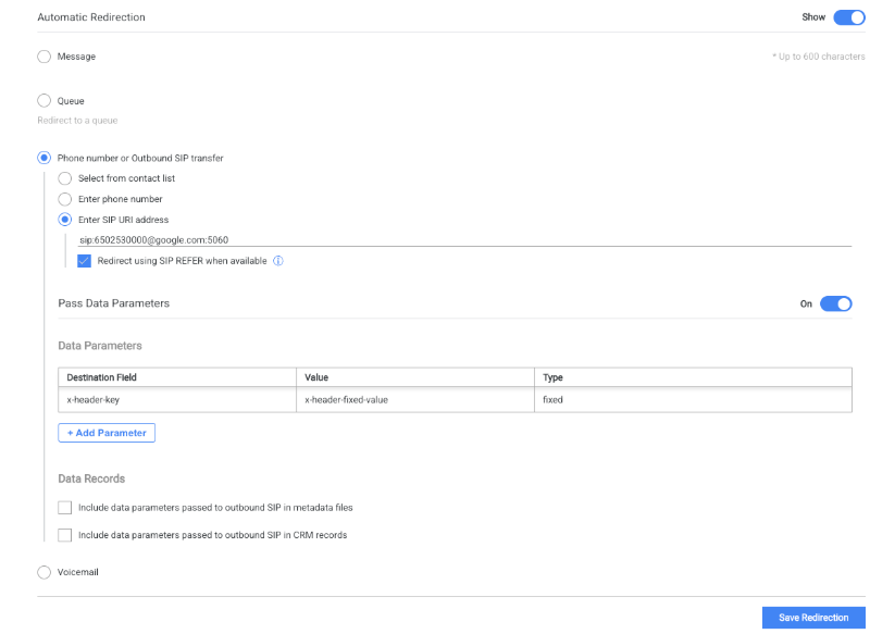 The options for configuring an outbound SIP transfer are shown.