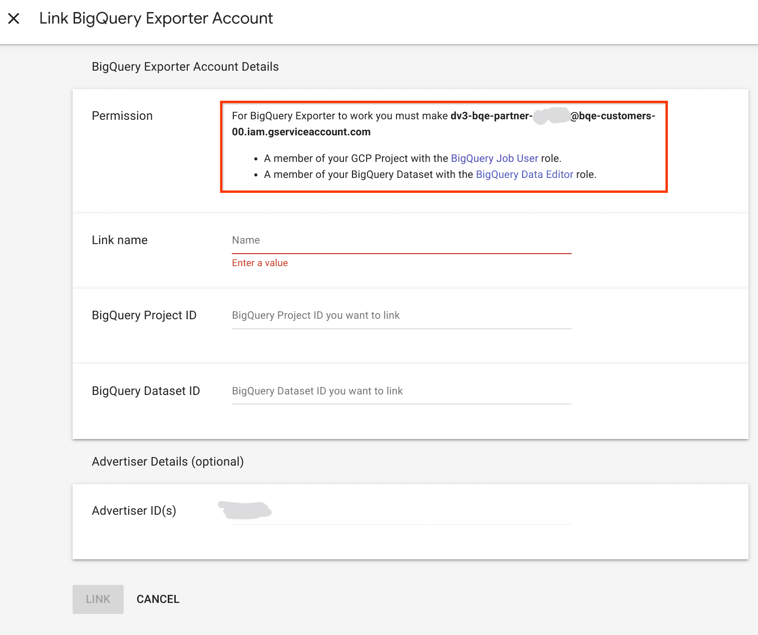 Identify the service account required by the DV360