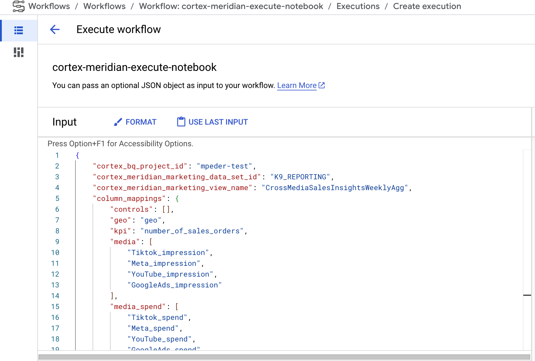 새 Cortex for Meridian JSON 구성을 워크플로의 입력으로 제공