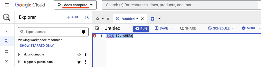 In der BigQuery-Benutzeroberfläche wird auf der Seite, auf der Sie SQL-Abfragen ausführen, ein Rechenprojekt namens „docs-compute“ angezeigt.