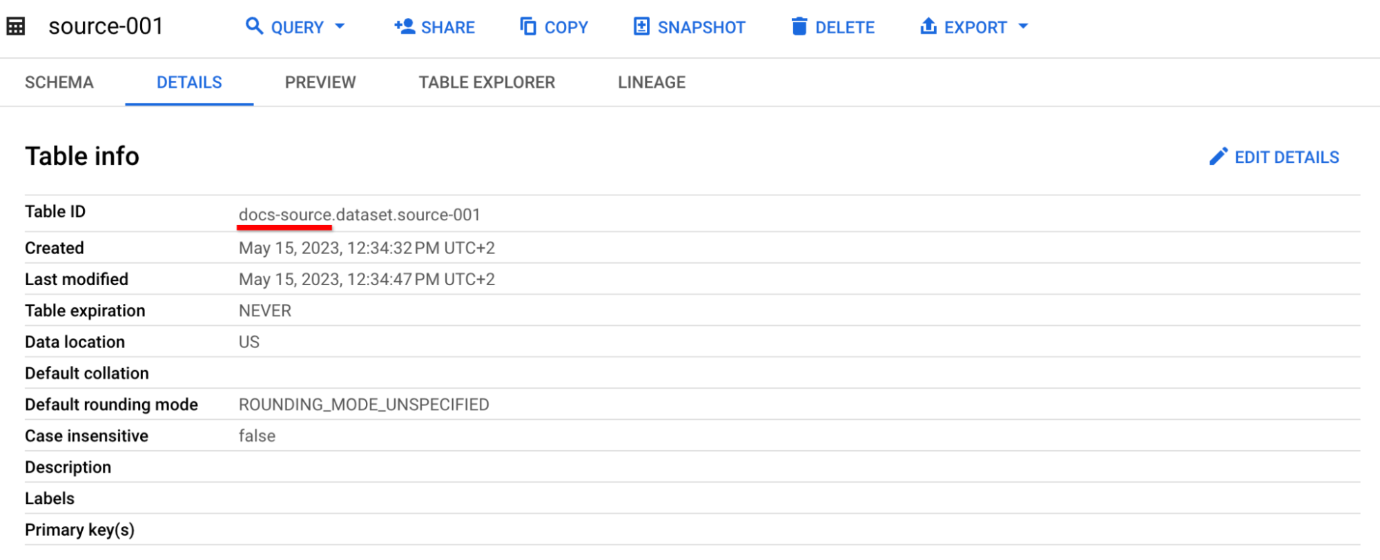 Na IU do BigQuery, o nome do projeto de armazenamento é mostrado no campo "ID da tabela", antes do primeiro ponto no nome da tabela totalmente qualificado.