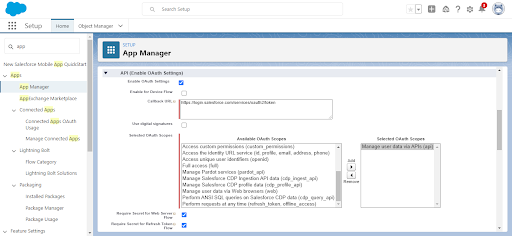在 Salesforce 中輸入回呼網址和 OAuth 範圍。
