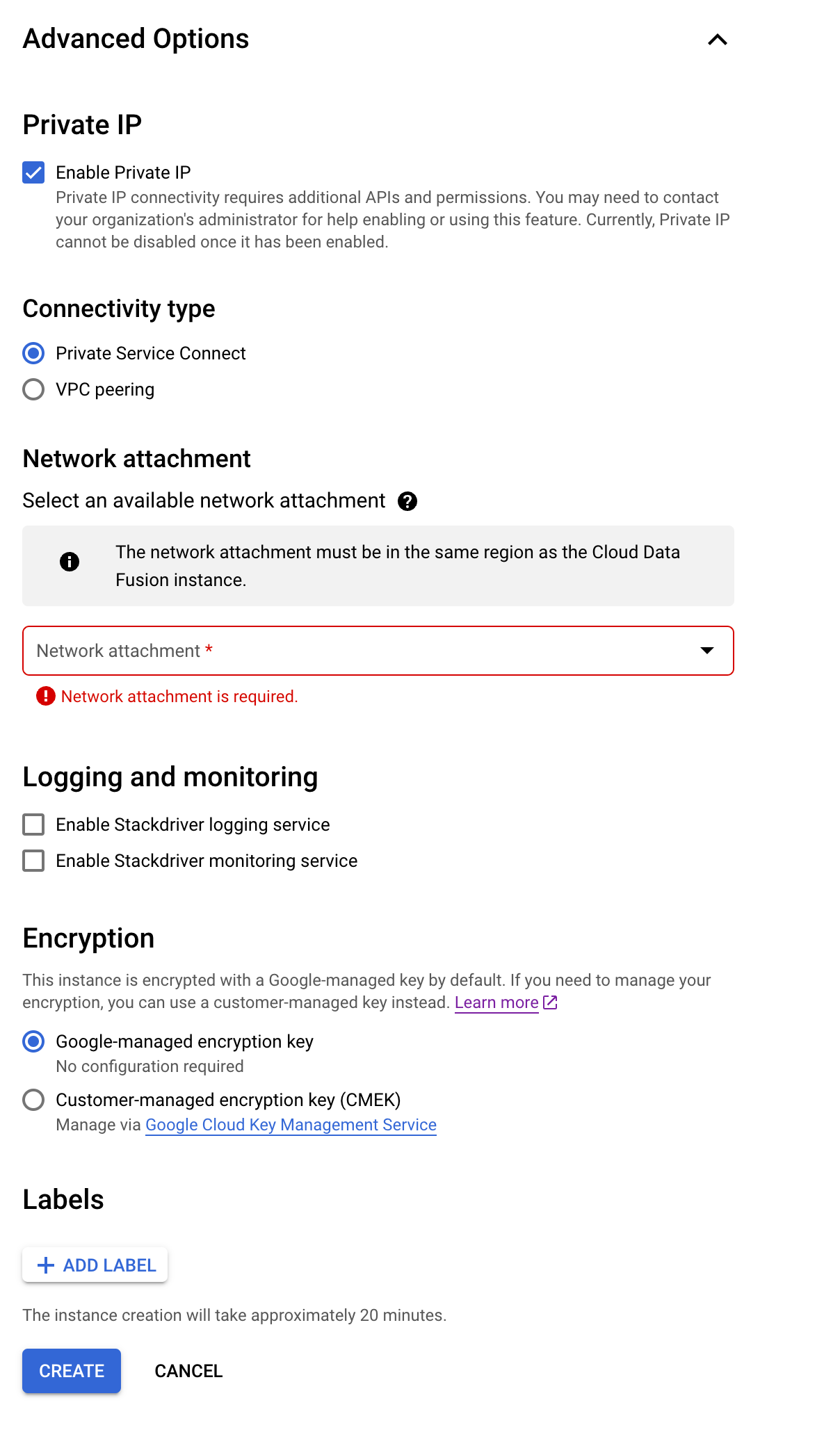 Private Service Connect を使用して Cloud Data Fusion インスタンスを作成します。