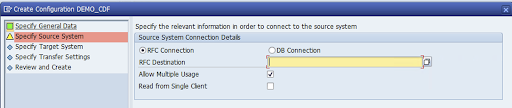 Specify source system RFC connection details