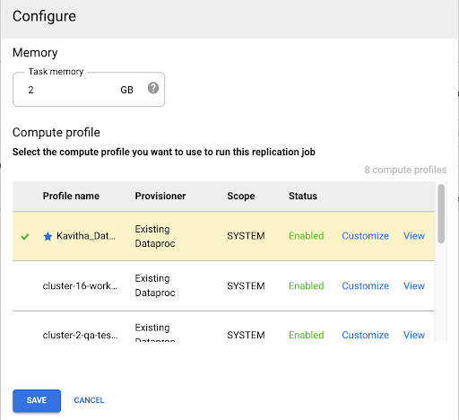 Selecionar um perfil de computação na interface da Web do Cloud Data Fusion.