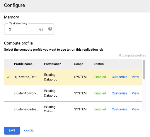 Select a Compute profile in the Cloud Data Fusion web interface.