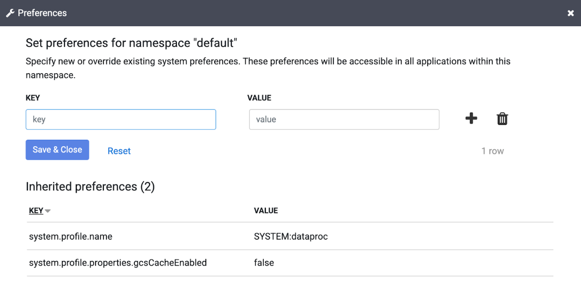 Namespace preferences dialog