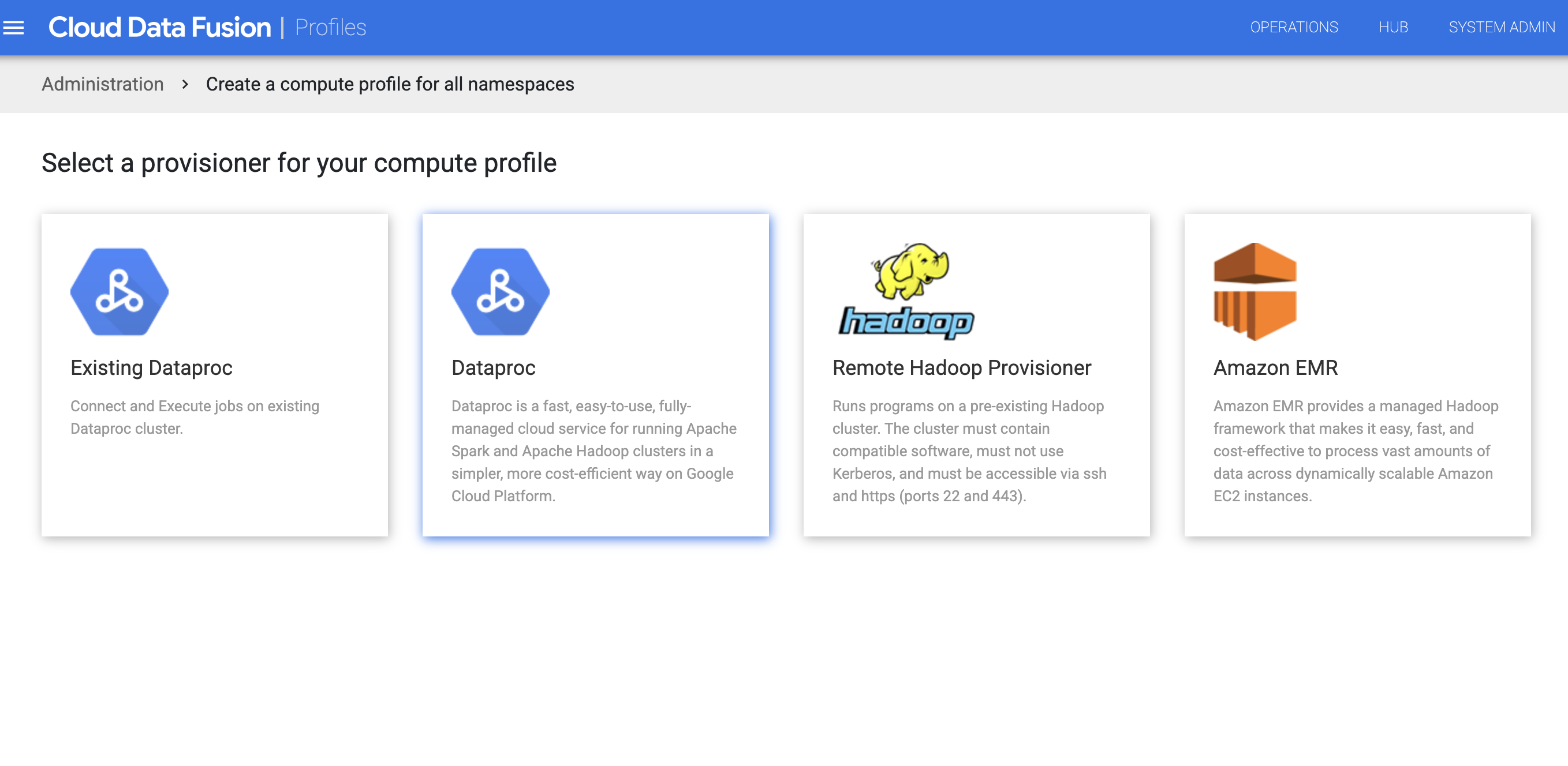 Sélectionner le provisionneur Dataproc