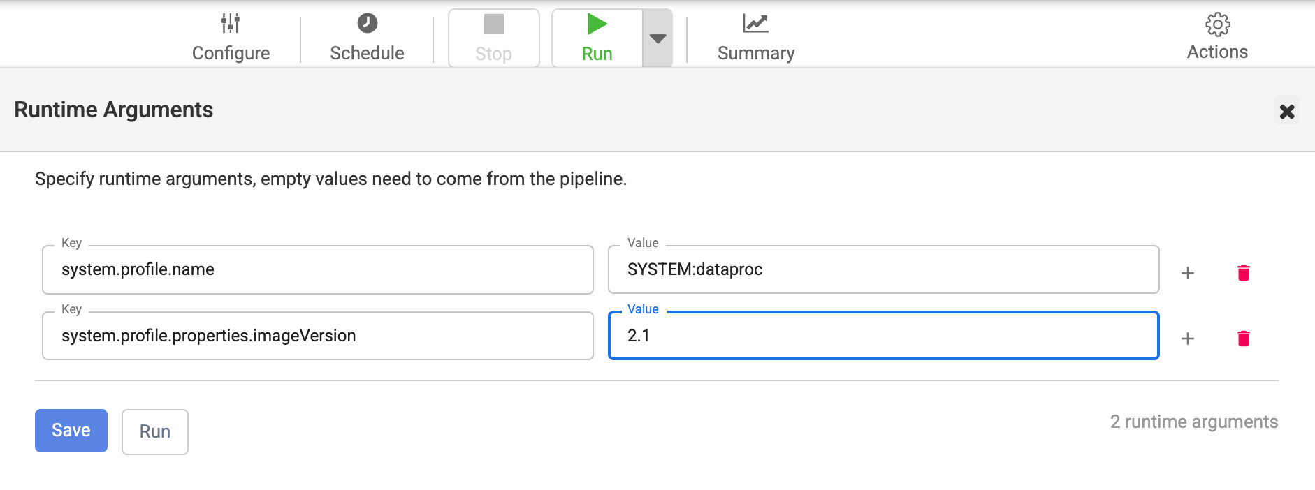 Imposta l&#39;argomento di runtime della pipeline