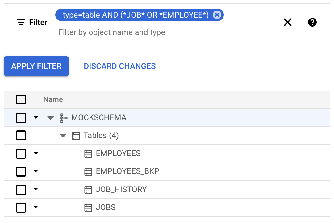 Screenshot of example results for filtering objects by a combination of
  type and name properties.