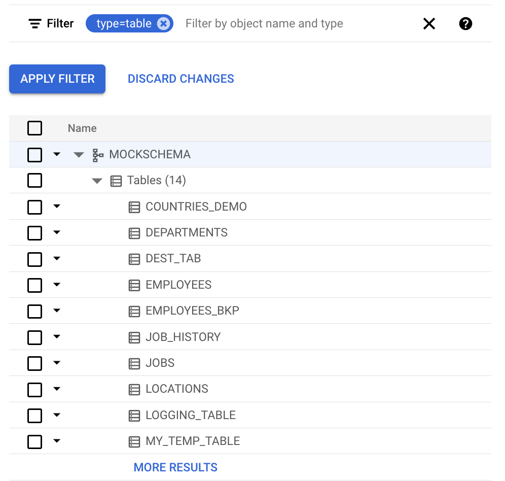 Screenshot di risultati di esempio per filtrare gli oggetti in base alla proprietà type.
