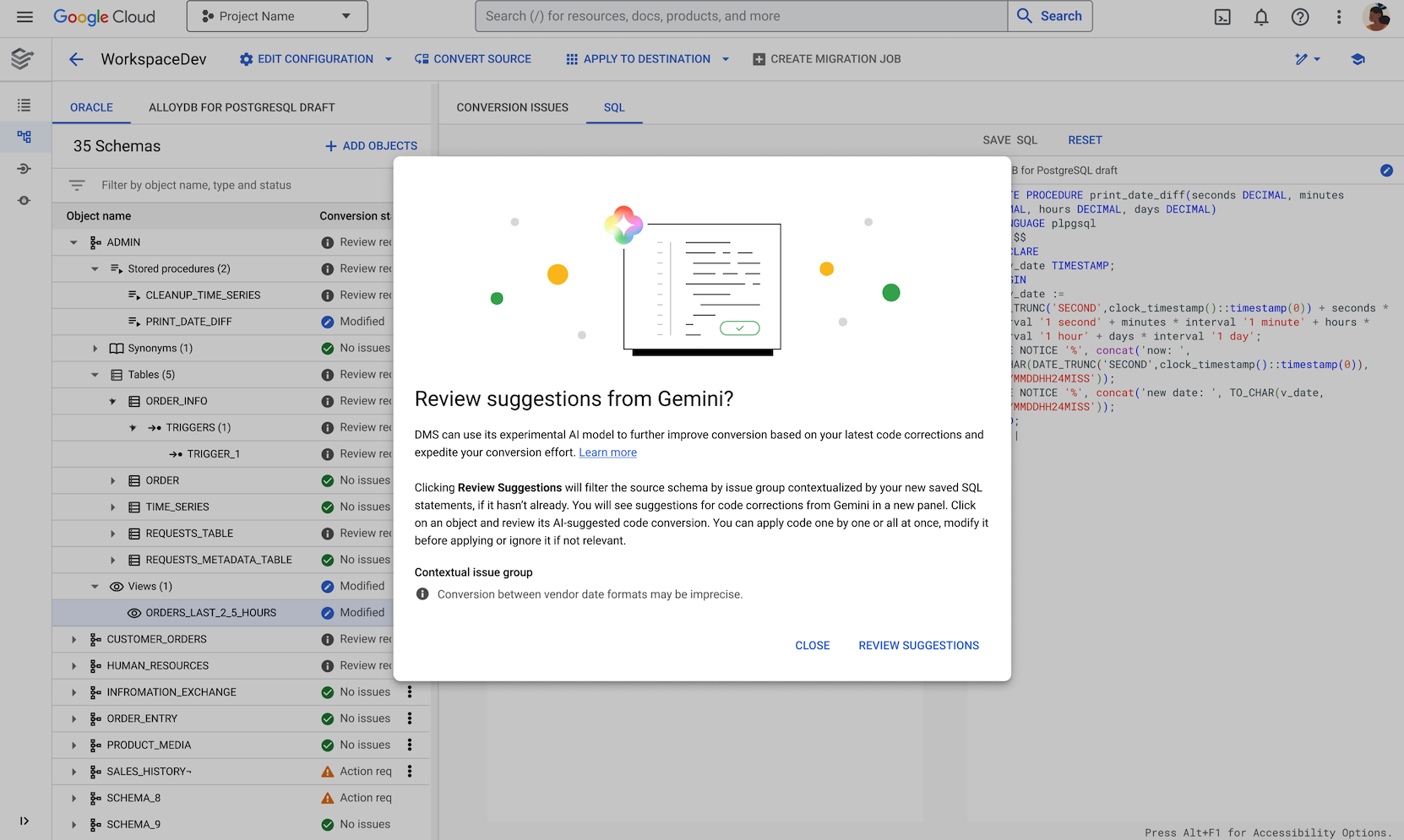 Boîte de dialogue &quot;Suggestions de Gemini pour résoudre les problèmes&quot;.