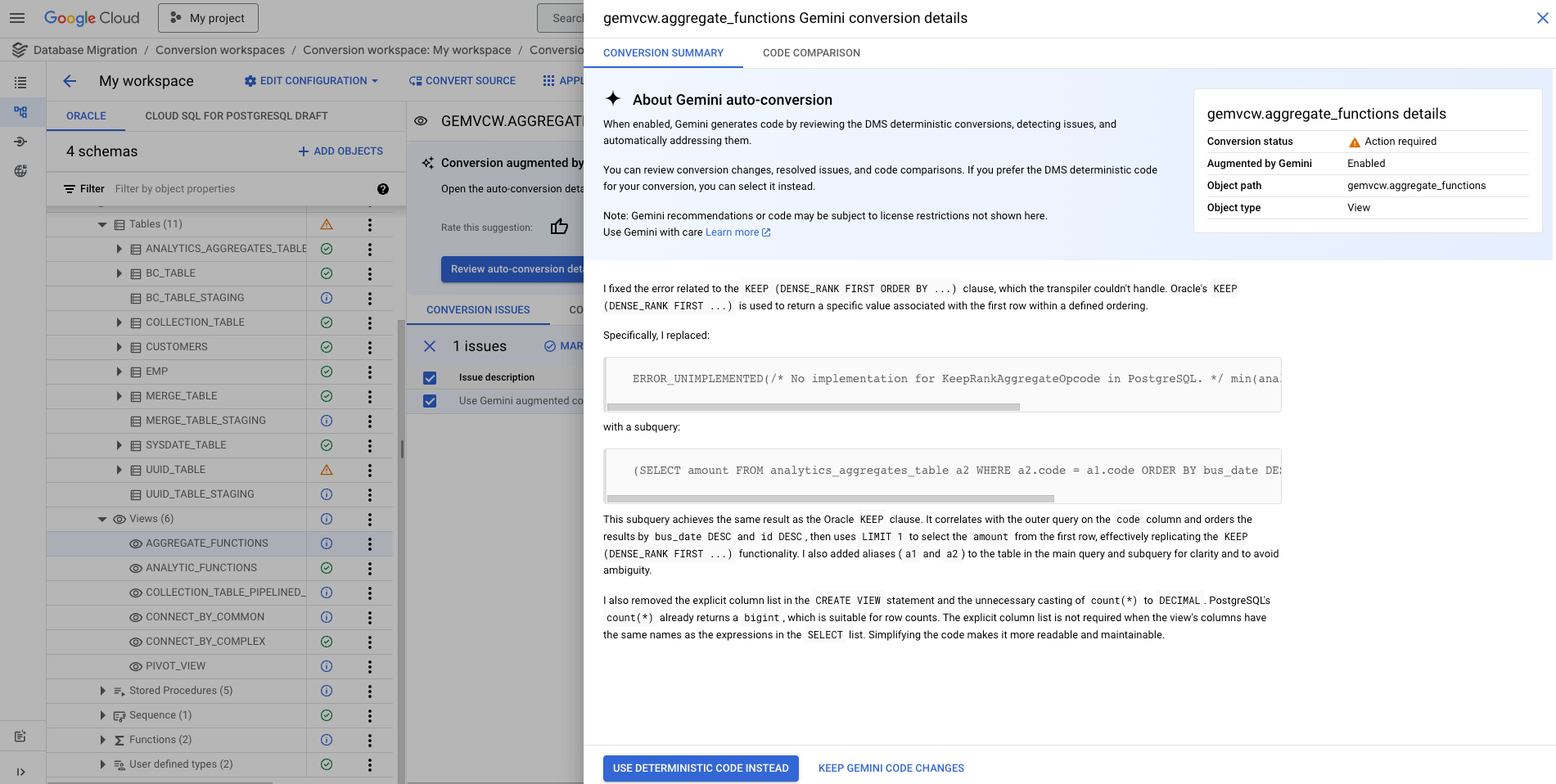 由 Gemini 提供技術支援的自動轉換面板，其中包含有關對已轉換的結構定義實作調整項目的詳細資料。