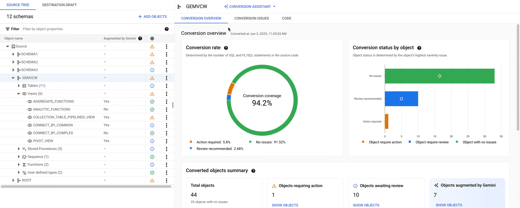 Écran de l'espace de travail "Conversions" où l'animation montre les utilisateurs cliquant entre trois onglets différents : "Vue d'ensemble des conversions", "Problèmes de conversion" et "Code".