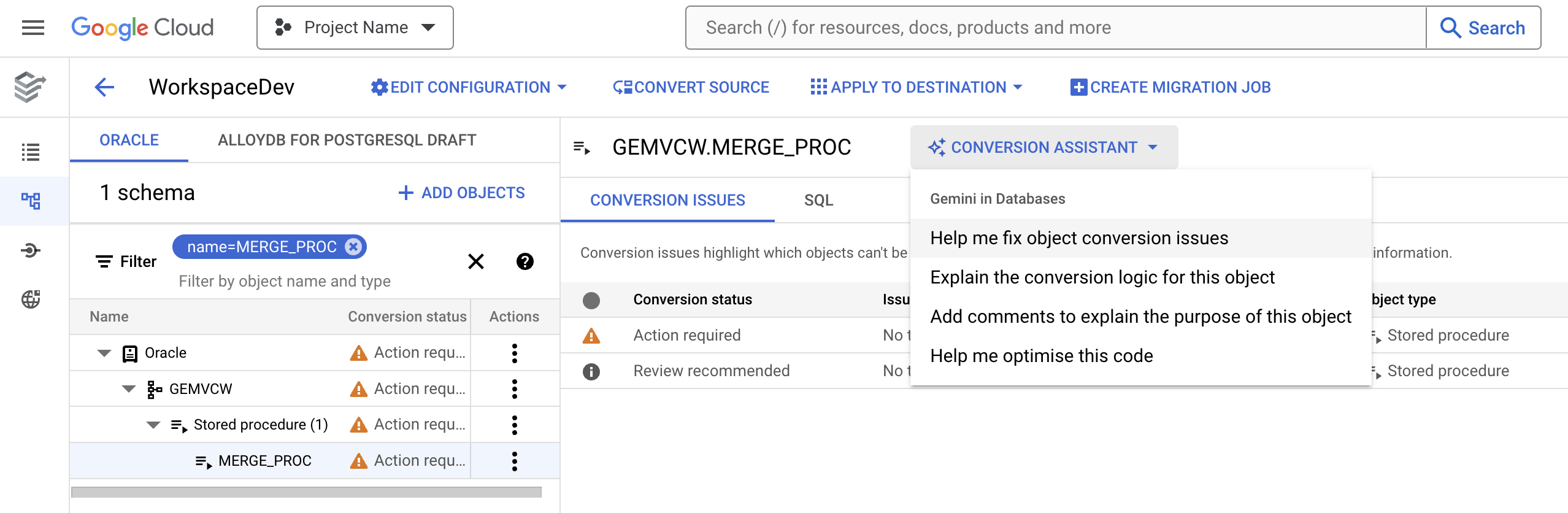 A screenshot that shows how to access Gemini prompts
      for code and schema conversion explainability.