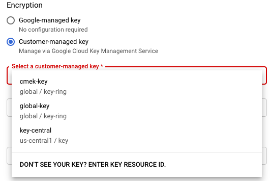 「Create job from template」(利用範本建立工作) 頁面上的兩種加密選項，即使用 Google-owned and Google-managed encryption key 或客戶管理的金鑰。