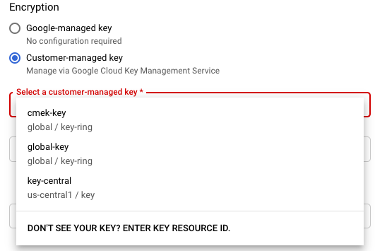 템플릿에서 작업 만들기 페이지에서 Google 소유 및 Google 관리 키 또는 고객 관리 키를 사용할 수 있는 암호화 옵션입니다.