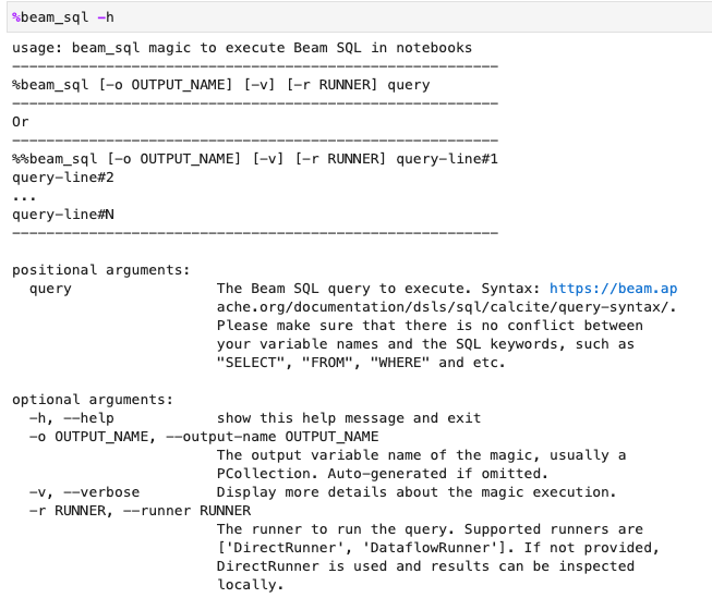 Consulter l&#39;aide de beam_sql