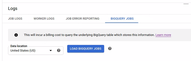 O botão "Carregar jobs do BigQuery" na tabela de informações dos jobs do BigQuery