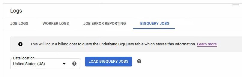 O botão &quot;Carregar jobs do BigQuery&quot; na tabela de informações dos jobs do BigQuery