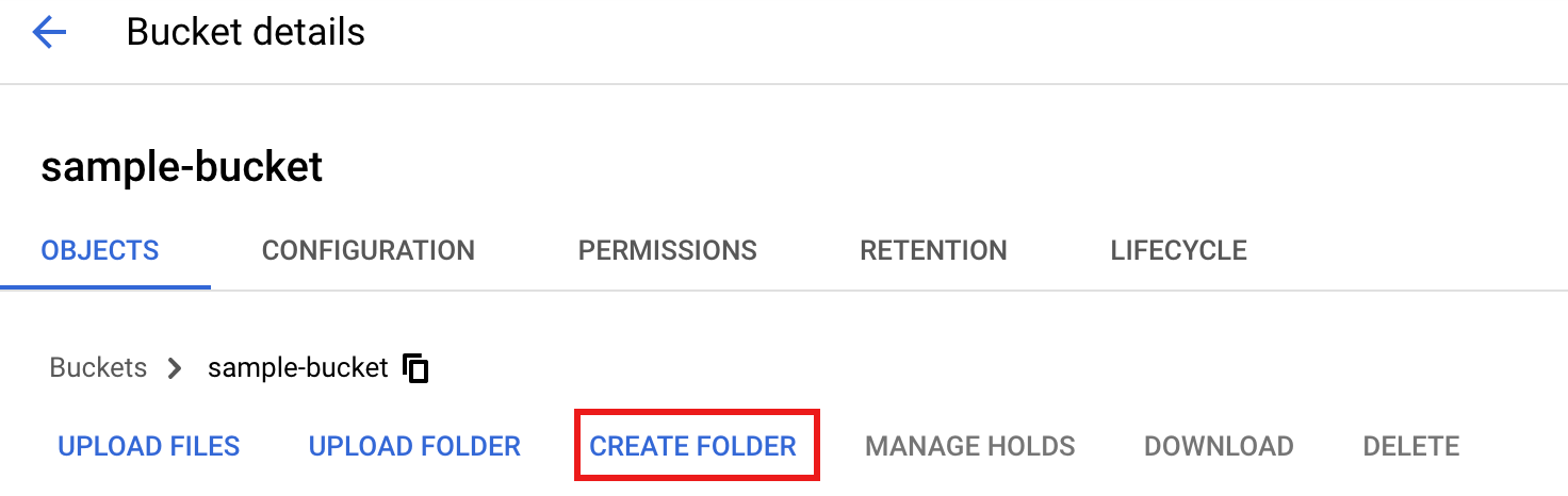 Create folder button on the Bucket details page.