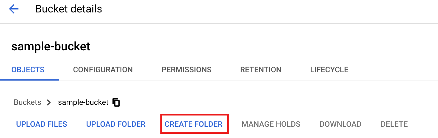 Botão &quot;Criar pasta&quot; na página &quot;Detalhes do bucket&quot;.