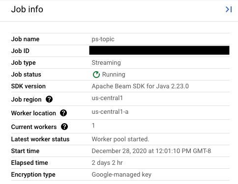 実行中の Dataflow ジョブの [ジョブ情報] サイドパネル。