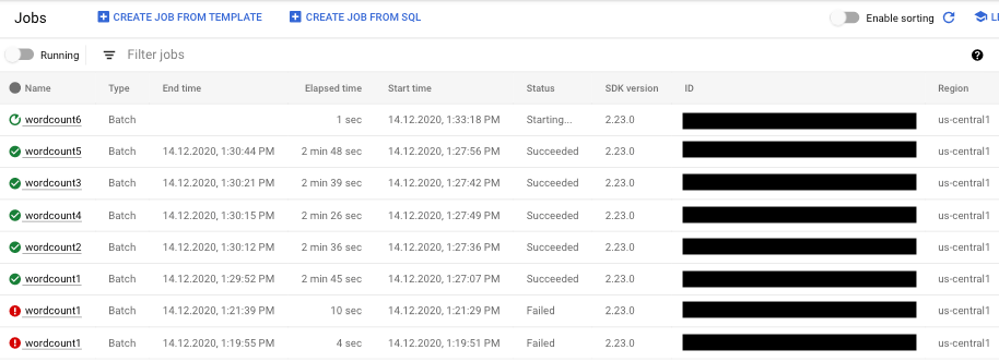 Daftar tugas Dataflow di Konsol Developer dengan tugas dalam status berjalan, berhasil, dan gagal.