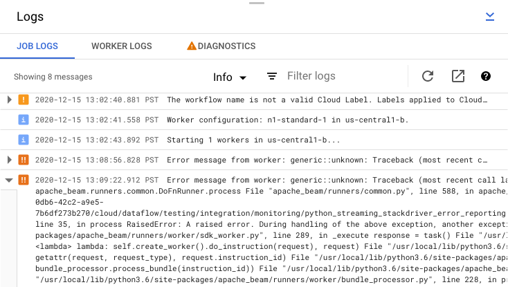 The logs panel showing job logs with an error message expansion highlighted.