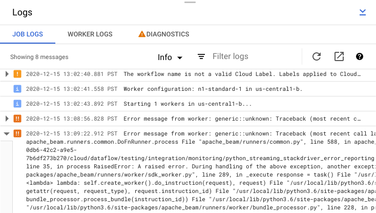 Il riquadro dei log che mostra i log dei job con un'espansione dei messaggi di errore evidenziata.