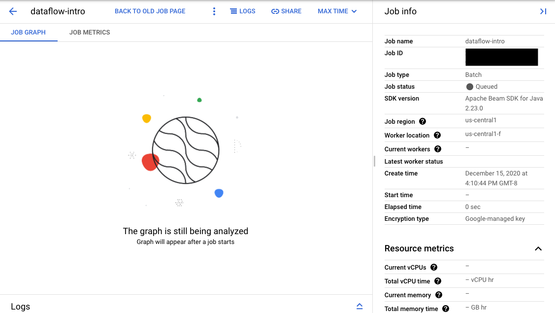 Un singolo job di pipeline in coda nell&#39;interfaccia di monitoraggio di Cloud Dataflow.