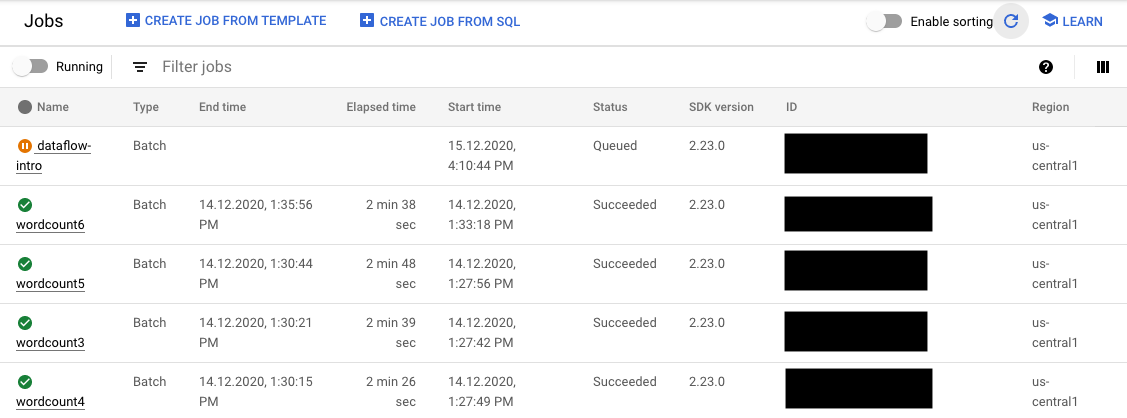 Eine Liste der Dataflow-Jobs in der Google Cloud Console, die einen Job mit dem Status "In der Warteschlange" enthalten.