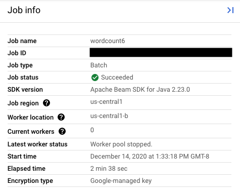 「Job info」(工作資訊) 側邊面板會列出 Dataflow 工作的詳細資料。工作使用的金鑰類型會列在「Encryption type」(加密類型) 欄位中。
