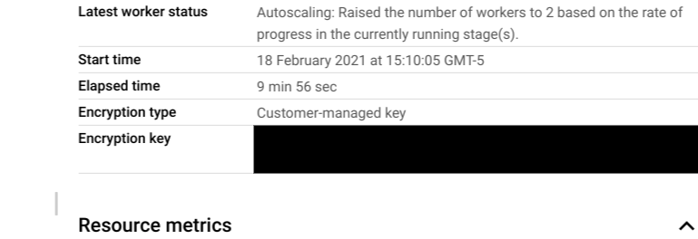 「Job info」(工作資訊) 側邊面板會列出 Dataflow 工作的詳細資料。工作使用的金鑰類型會列在「Encryption type」(加密類型) 欄位中。