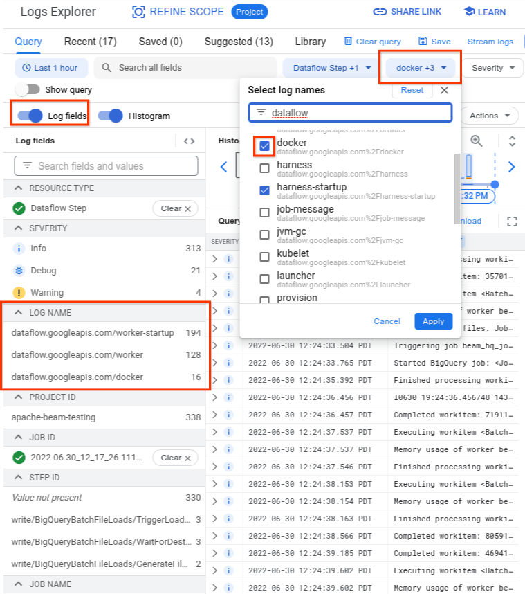 Una query di Esplora log che include i nomi dei log pertinenti.