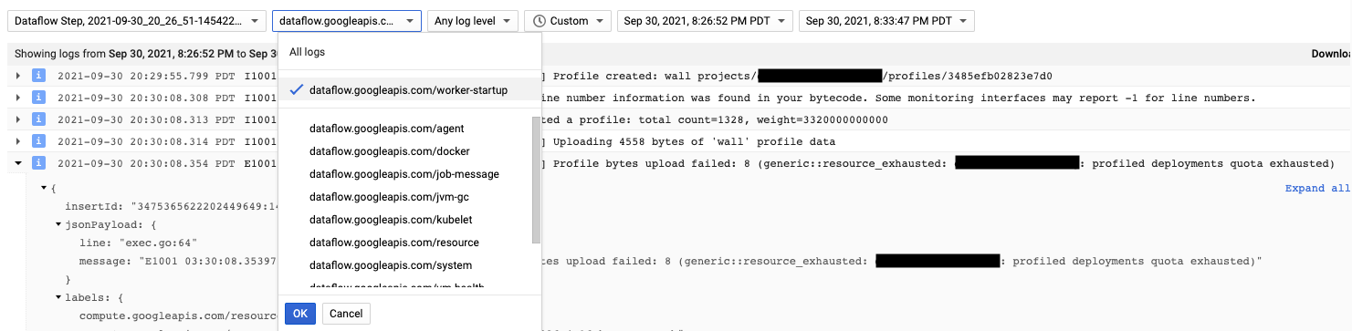 Halaman yang menampilkan log Cloud Profiler dengan menu terbuka yang menyoroti jalur navigasi: dataflow.googleapis.com/worker-startup.