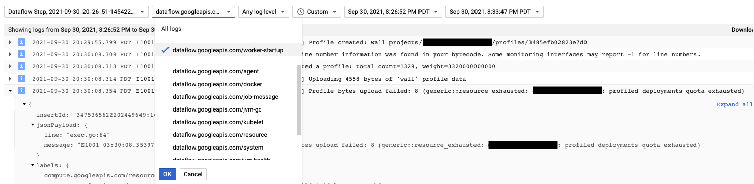 Cloud Profiler ログを表示するページ。メニューで、ナビゲーション パス（dataflow.googleapis.com/worker-startup）がハイライト表示されている。