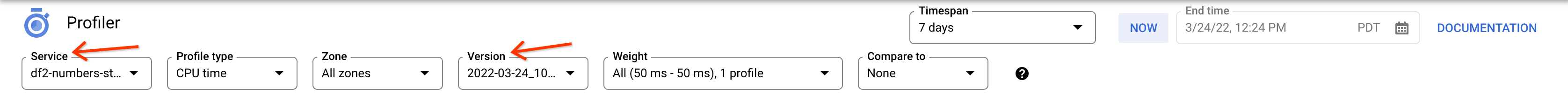 Shows the Service and Version values for profiling a Dataflow job.