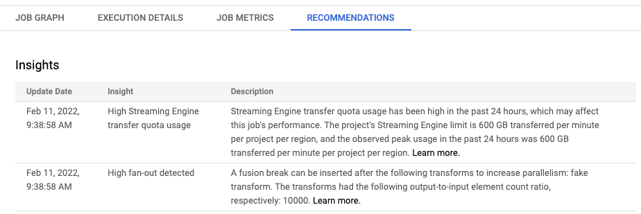 A guia &quot;Recomendações&quot; de um job do Dataflow com recomendações de exemplo.