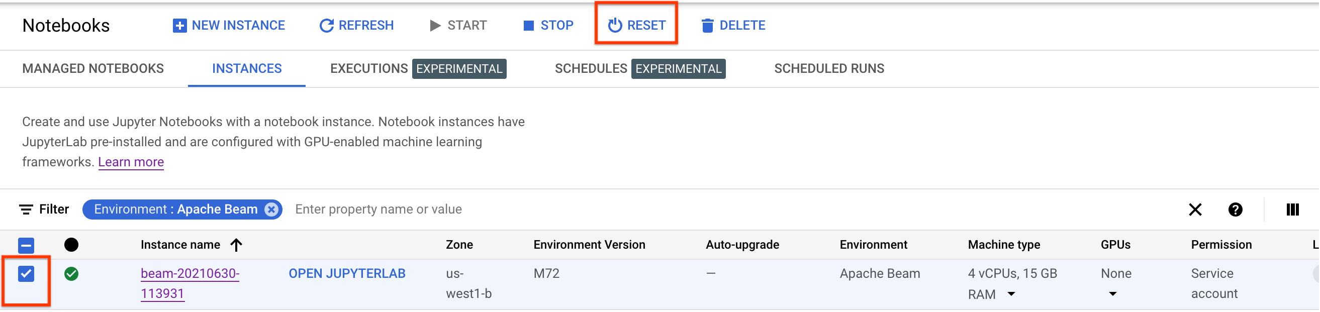 Restablece una instancia de notebook