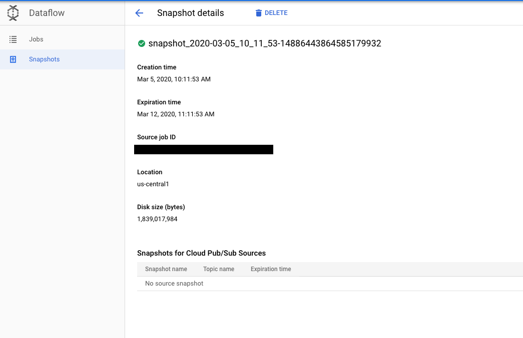 スナップショットの詳細情報を確認できる Dataflow スナップショットの詳細ページ。