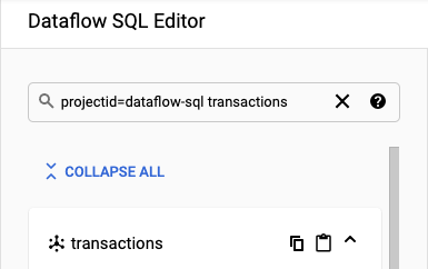 Panel de búsqueda de Data Catalog en el lugar de trabajo de Dataflow SQL.