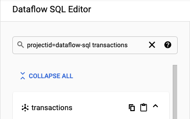 Pannello di ricerca di Data Catalog nello spazio di lavoro Dataflow SQL.