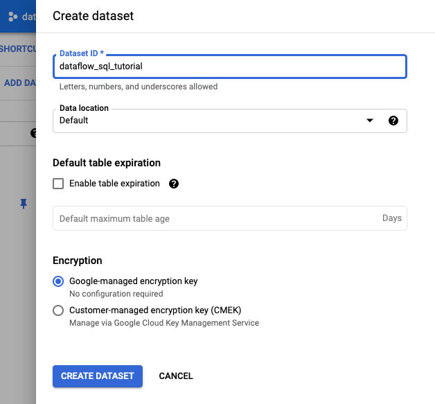 Create dataset panel in BigQuery UI.