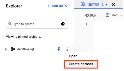 Aktionsmenü im BigQuery-Dataset-Explorer.