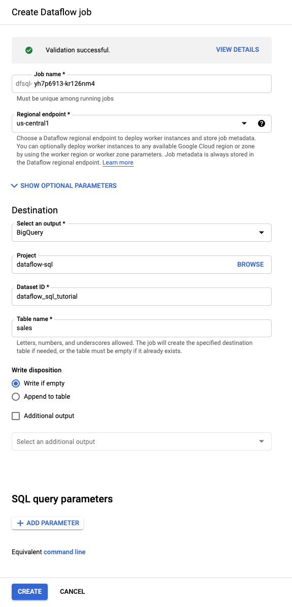 Create Dataflow SQL Job form.