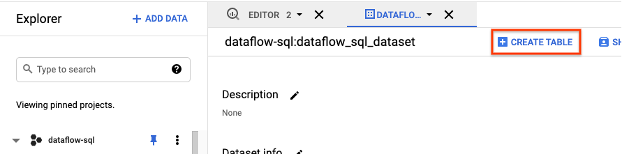 Schaltfläche &quot;Tabelle erstellen&quot; im BigQuery-Dataset-Explorer.