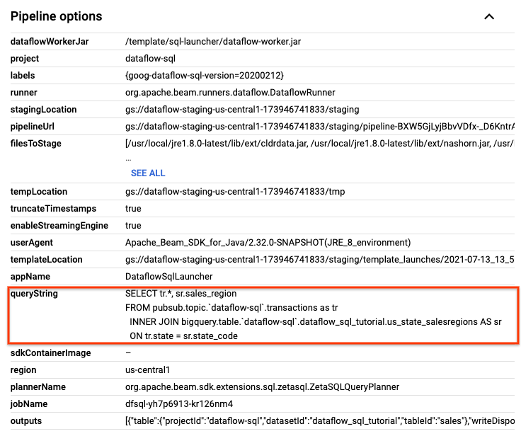 L'opzione della pipeline del job denominata queryString.