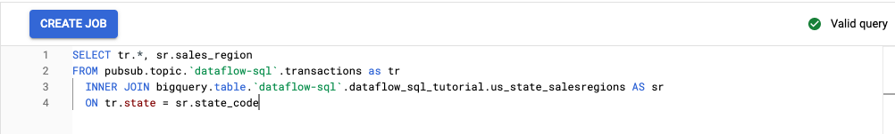 Spazio di lavoro Dataflow SQL con la query del tutorial visibile nell&#39;editor.