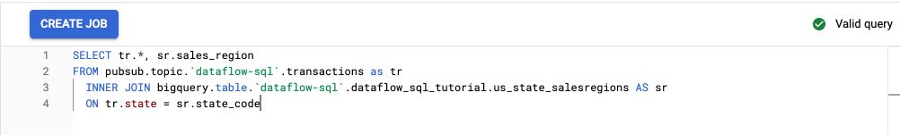 Dataflow SQL workspace with the query from the tutorial visible in the editor.